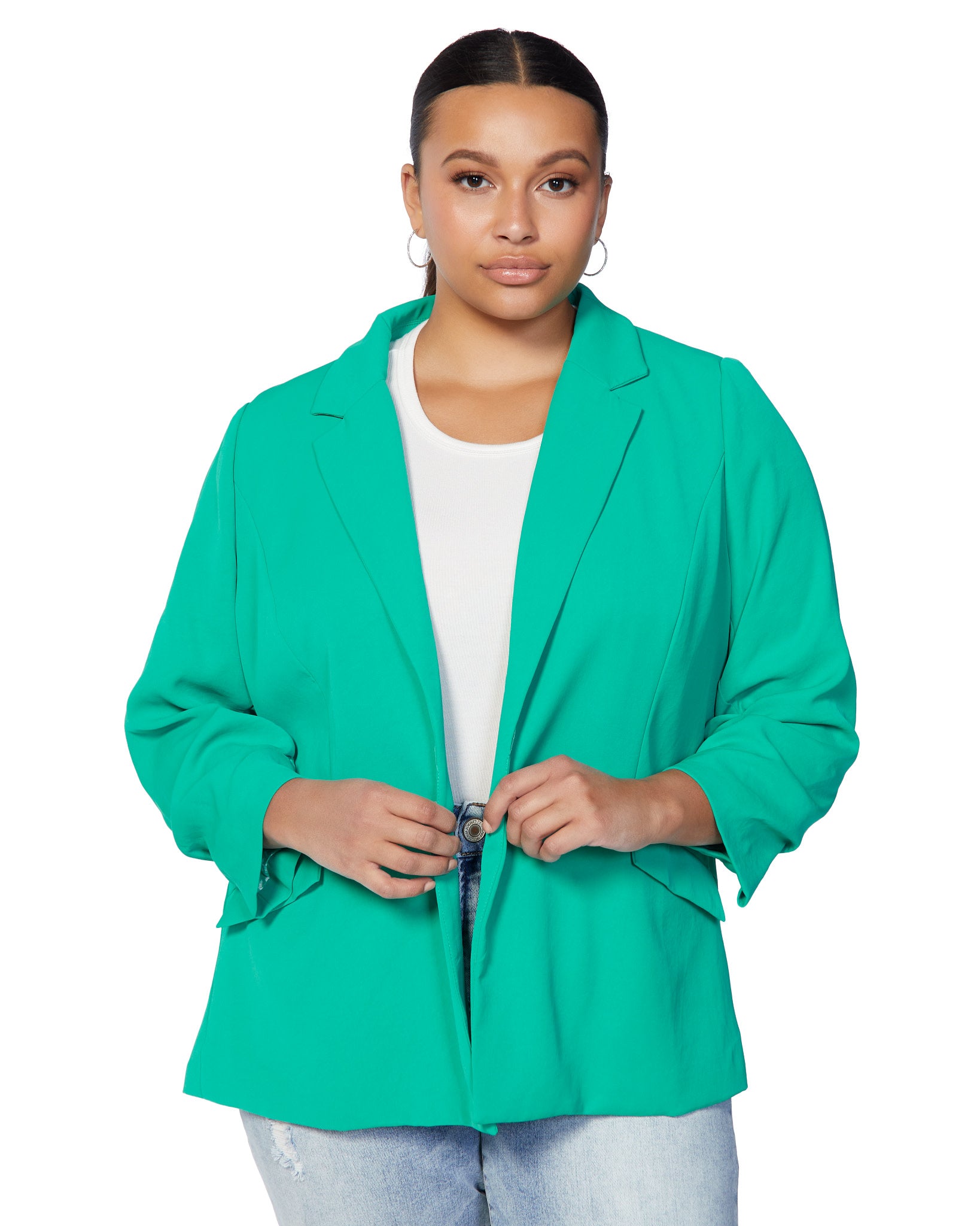 Emerald Green $|& Skies Are Blue Recycled Shirred Sleeve Blazer - SOF Front