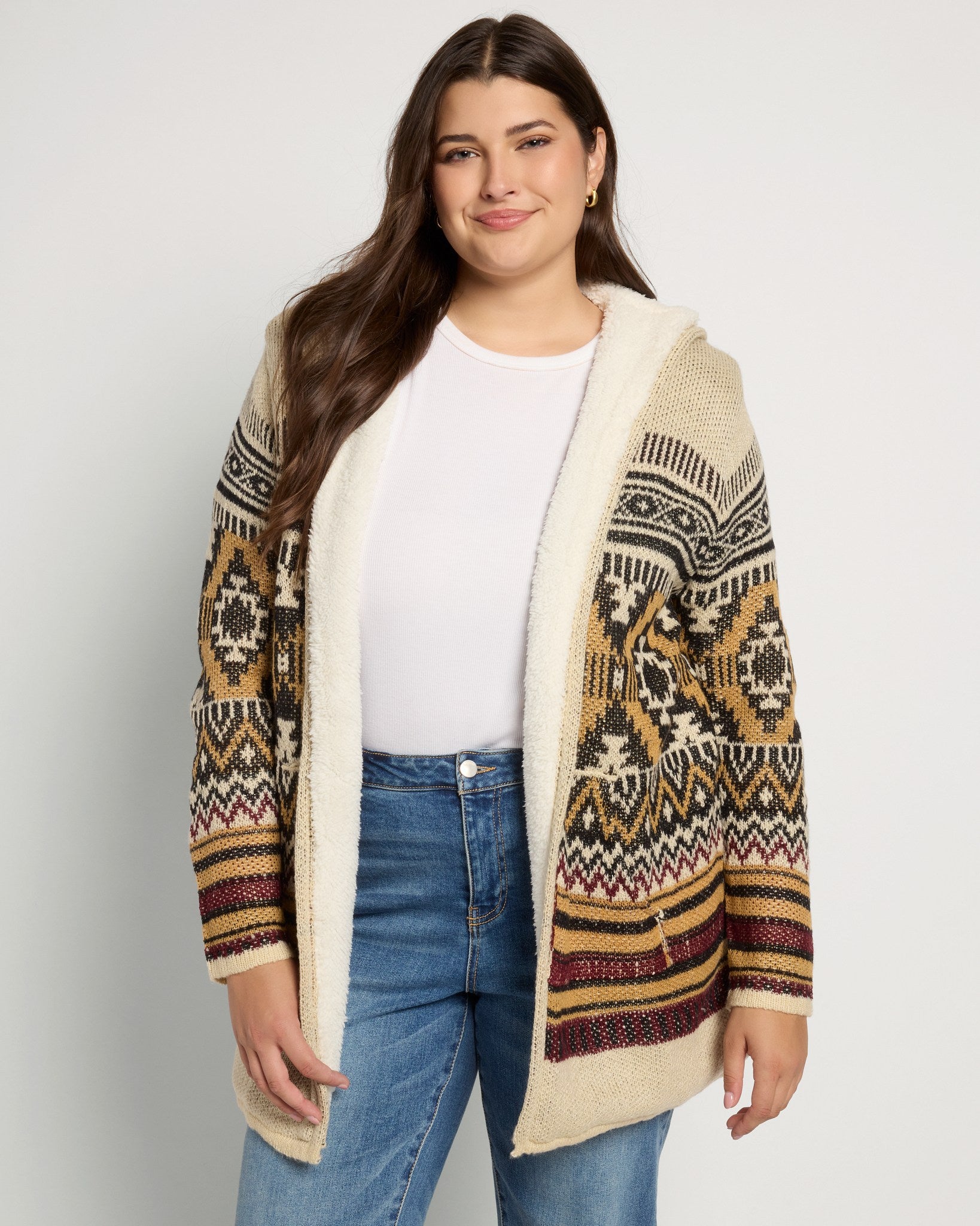 Mustard/Black $|& Woven Heart Tribal Fleece Lined Hooded Cardigan - SOF Front
