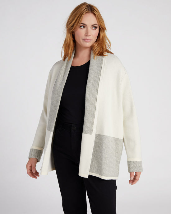 Ivory/Olive $|& Skies Are Blue Colorblock Drape Sweater Cardigan - SOF Front