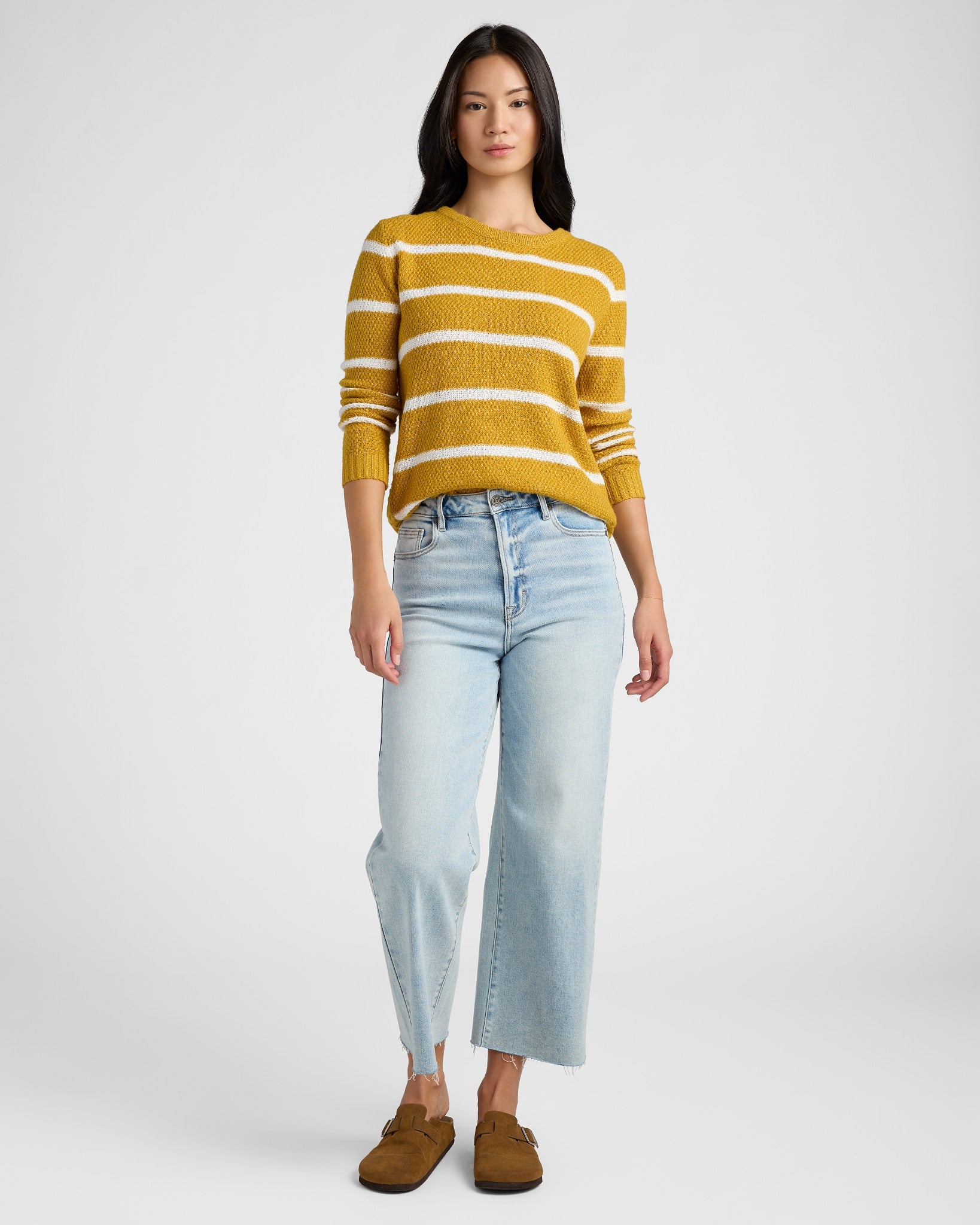 Mustard/Ivory $|& Staccato Waffle Stripe Pullover Sweater - SOF Full Front