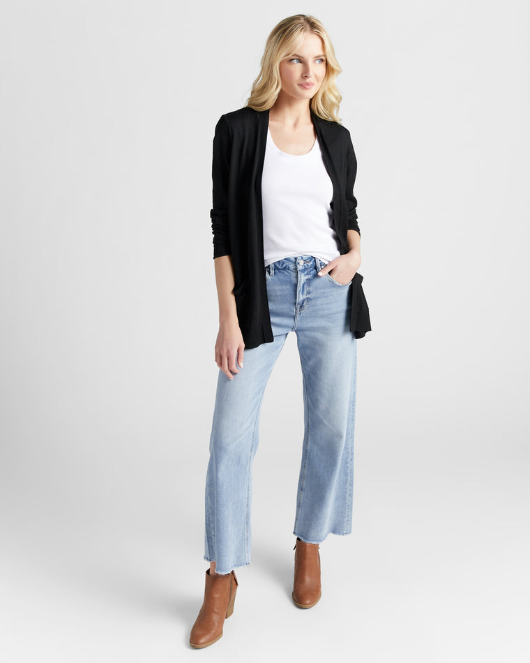 Black $|& Staccato Open Front Cardigan with Button Detail - SOF Full Front