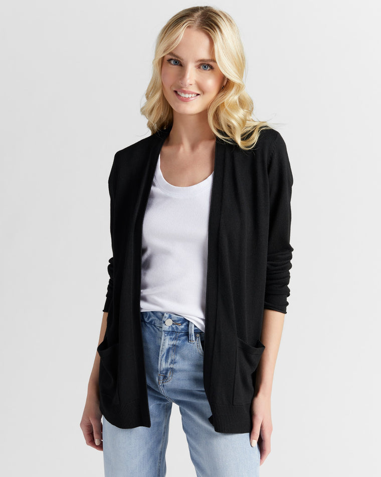 Black $|& Staccato Open Front Cardigan with Button Detail - SOF Front