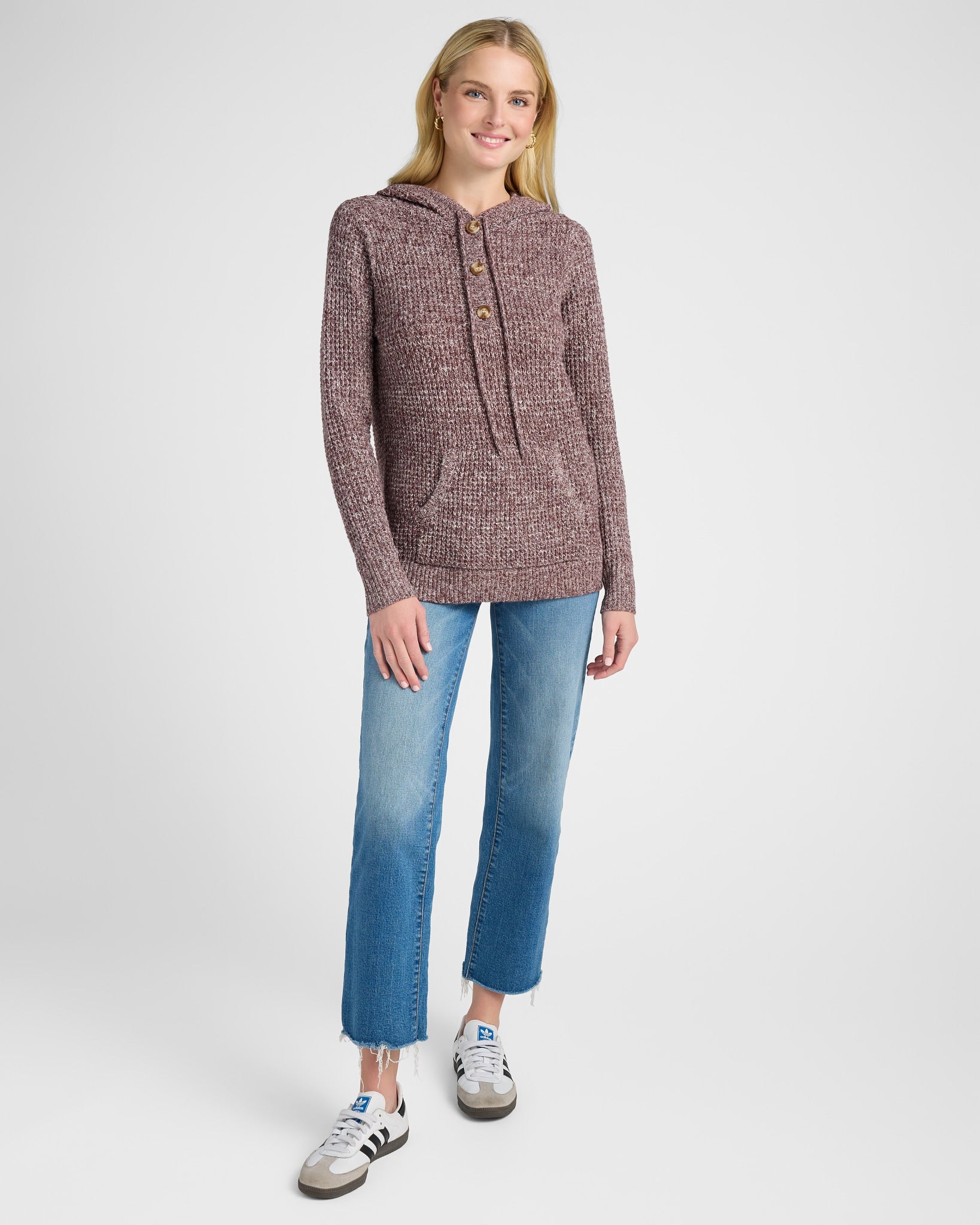 Burgundy $|& Staccato Henley Waffle Hoodie Sweater - SOF Full Front