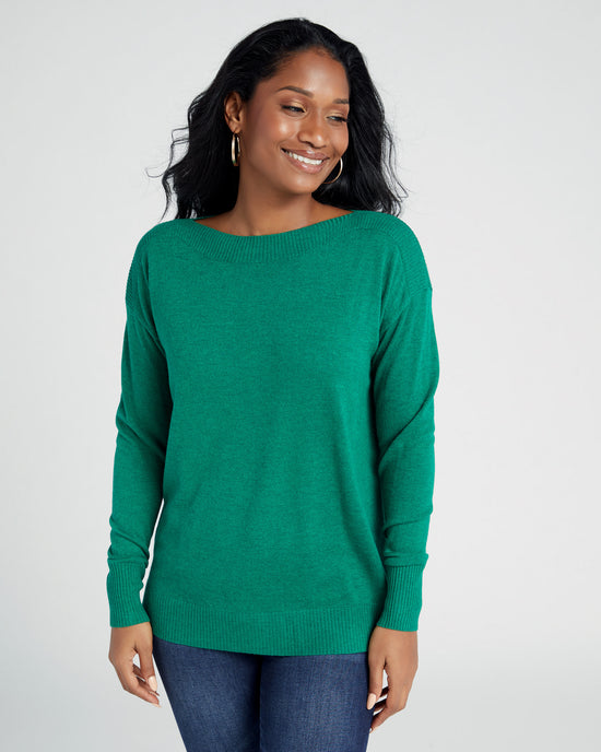 Dark Emerald $|& Staccato Boat Neck Ribbed Side Slit Pullover - SOF Front