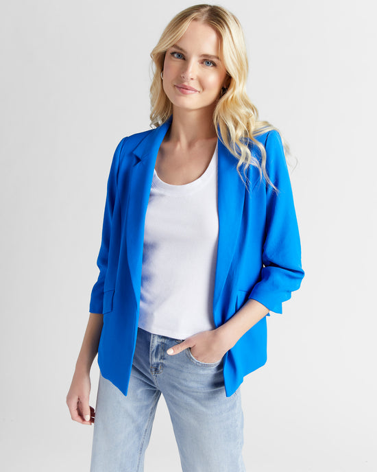 Electric Blue $|& Skies Are Blue Shirred Sleeve Blazer - SOF Front