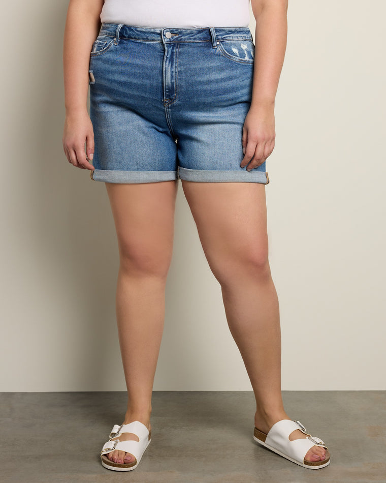 Sugrue Blue $|& Mica Denim Super High Rise Cuffed Mom Shorts - SOF Front