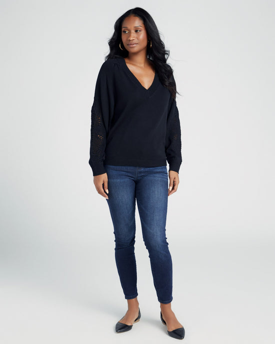 Black $|& Skies Are Blue V-Neck Sweater with Sleeve Detail - SOF Full Front