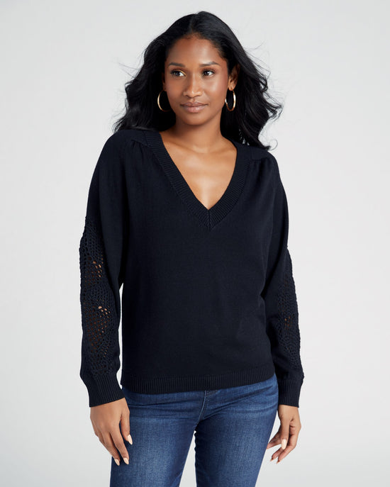 Black $|& Skies Are Blue V-Neck Sweater with Sleeve Detail - SOF Front