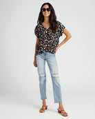 Black Multi $|& West Kei Printed Woven Short Sleeve Twist Front Top - SOF Full Front