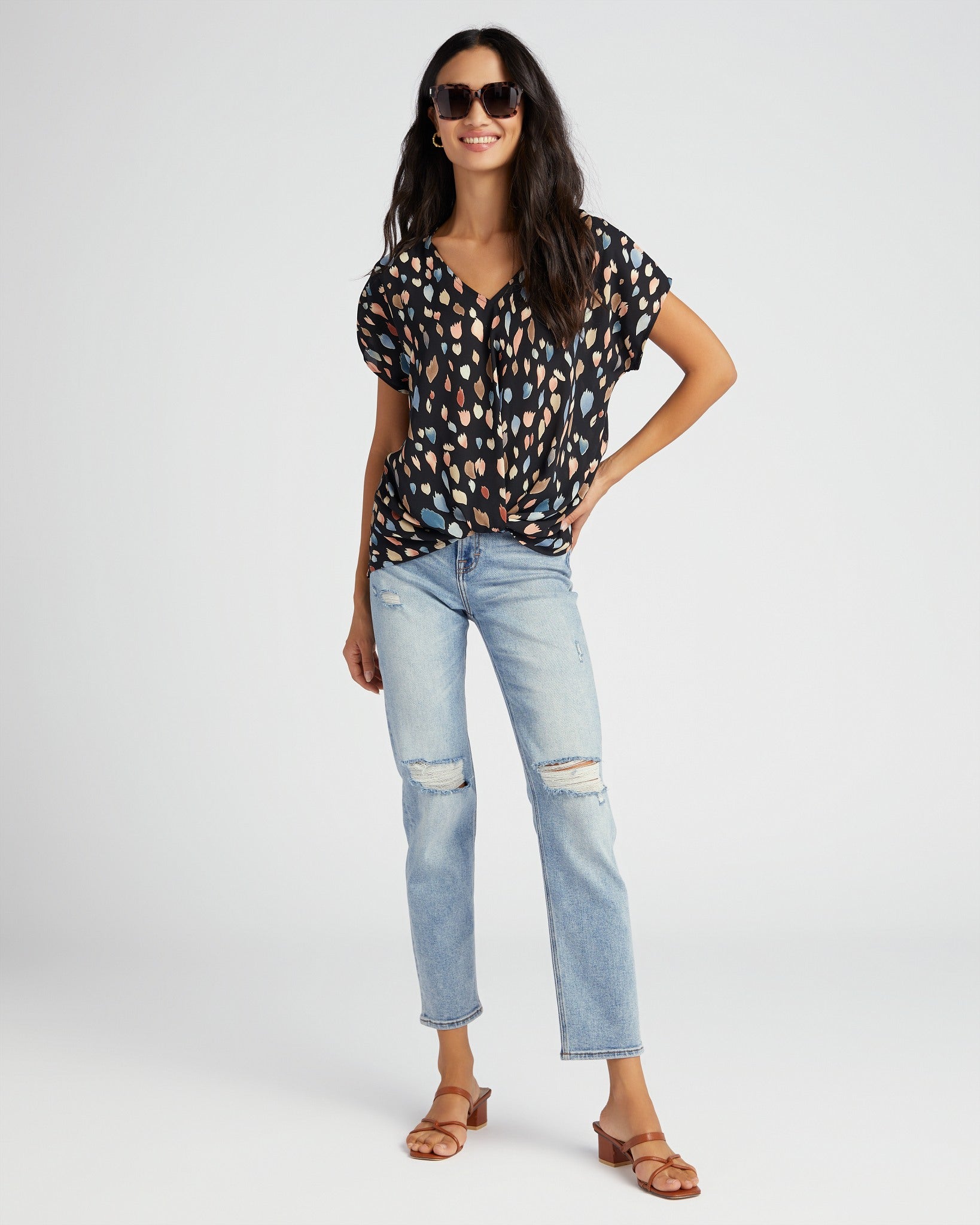 Black Multi $|& West Kei Printed Woven Short Sleeve Twist Front Top - SOF Full Front