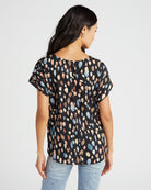 Black Multi $|& West Kei Printed Woven Short Sleeve Twist Front Top - SOF Back