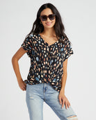 Black Multi $|& West Kei Printed Woven Short Sleeve Twist Front Top - SOF Front