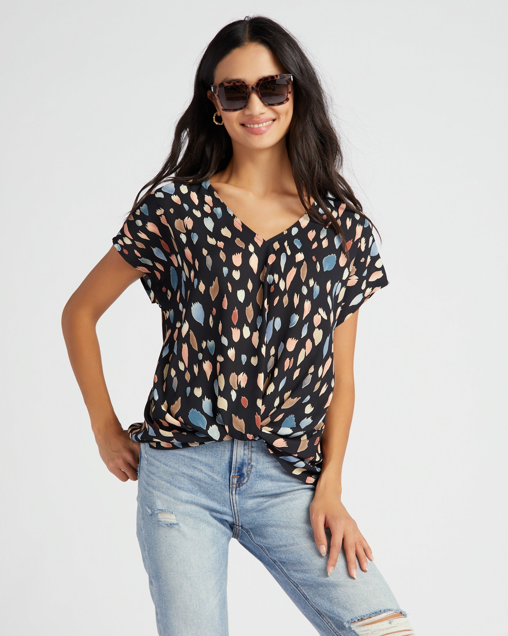 Black Multi $|& West Kei Printed Woven Short Sleeve Twist Front Top - SOF Front