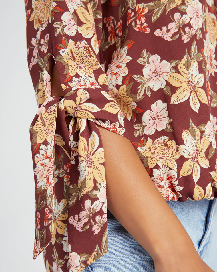 Wine Floral $|& West Kei Floral Woven Wrap Blouse with Tie - SOF Detail