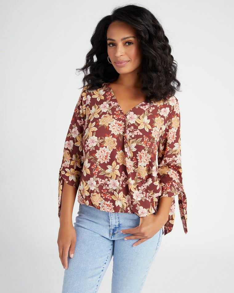 Wine Floral $|& West Kei Floral Woven Wrap Blouse with Tie - SOF Front