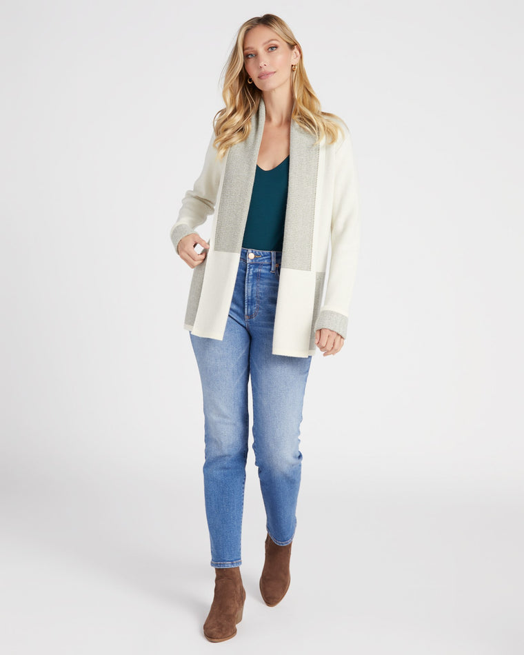 Ivory/Olive $|& Skies Are Blue Colorblock Drape Sweater Cardigan - SOF Full Front
