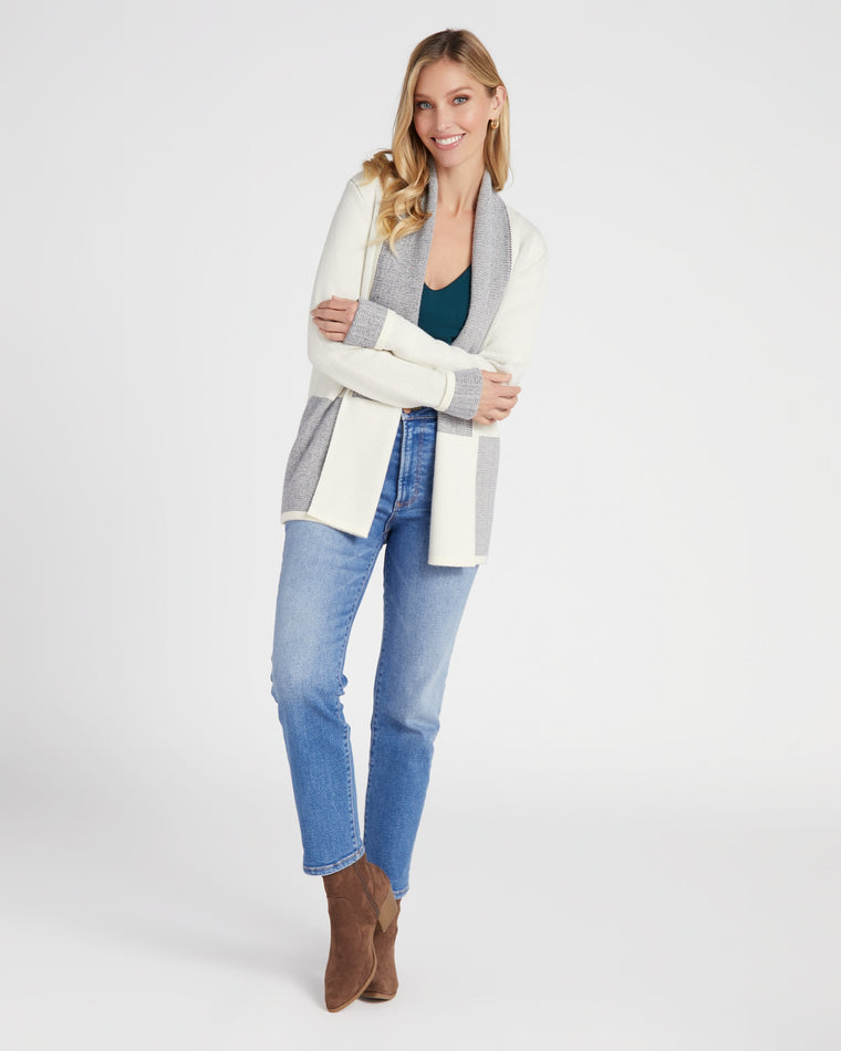 Ivory/Navy $|& Skies Are Blue Colorblock Drape Sweater Cardigan - SOF Full Front