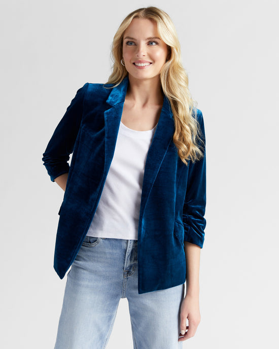 Teal $|& Skies Are Blue Velvet Blazer - SOF Front