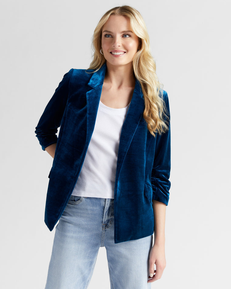 Teal $|& Skies Are Blue Velvet Blazer - SOF Front