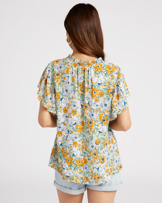 Sage $|& VOY Los Angeles Short Sleeve Ruffle Neck Detail Floral Woven Top - SOF Back
