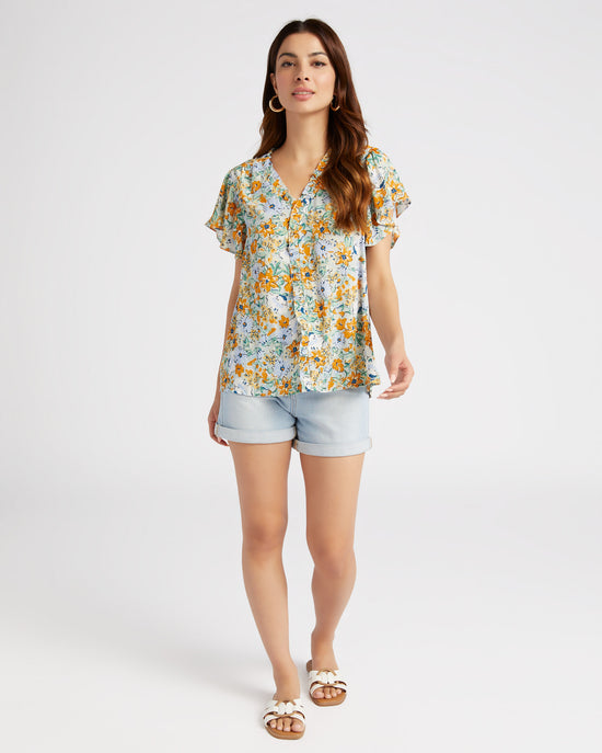 Sage $|& VOY Los Angeles Short Sleeve Ruffle Neck Detail Floral Woven Top - SOF Full Front