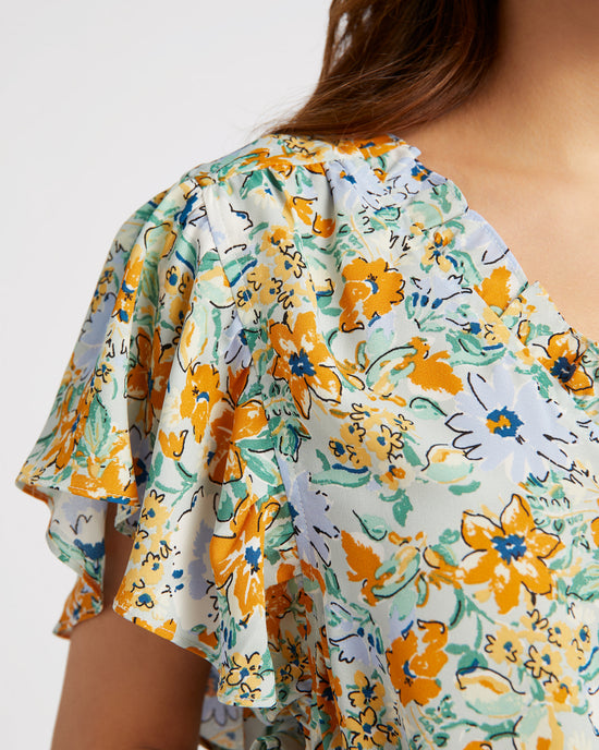 Sage $|& VOY Los Angeles Short Sleeve Ruffle Neck Detail Floral Woven Top - SOF Detail