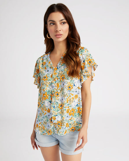 Short Sleeve Ruffle Neck Detail Floral Woven Top