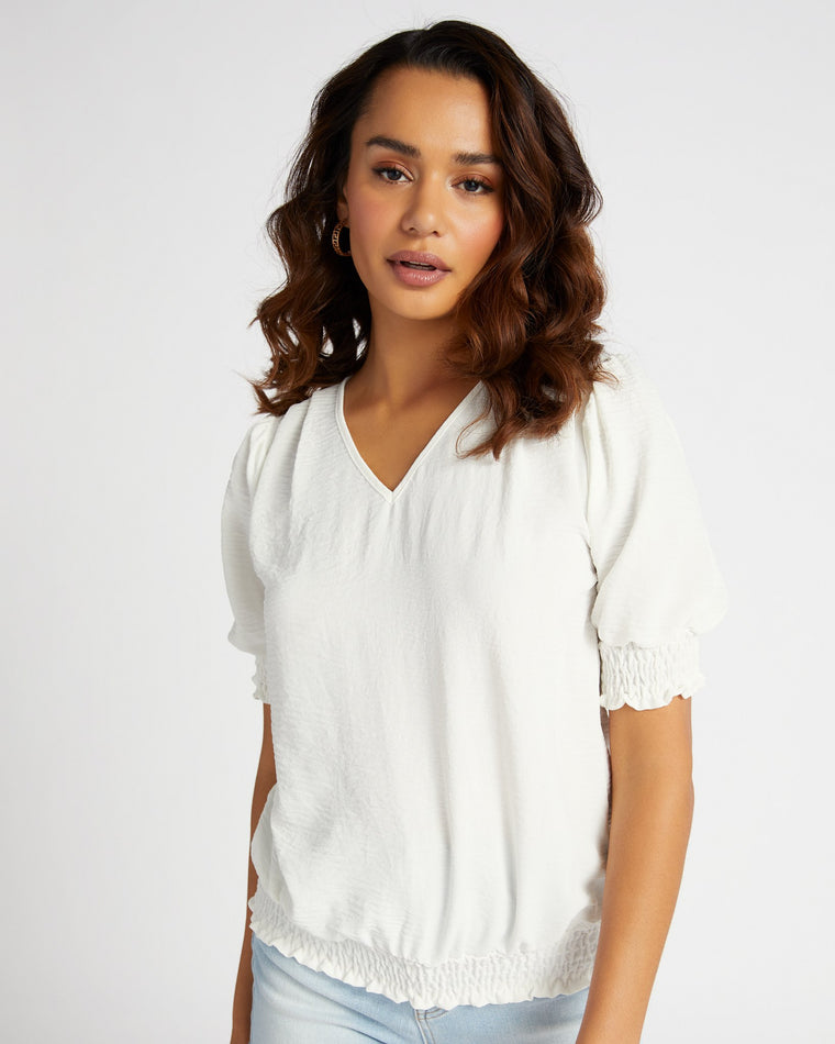 Ivory $|& W. by Wantable Short Smocked Sleeve V-Neck Smocked Bottom Top - SOF Front