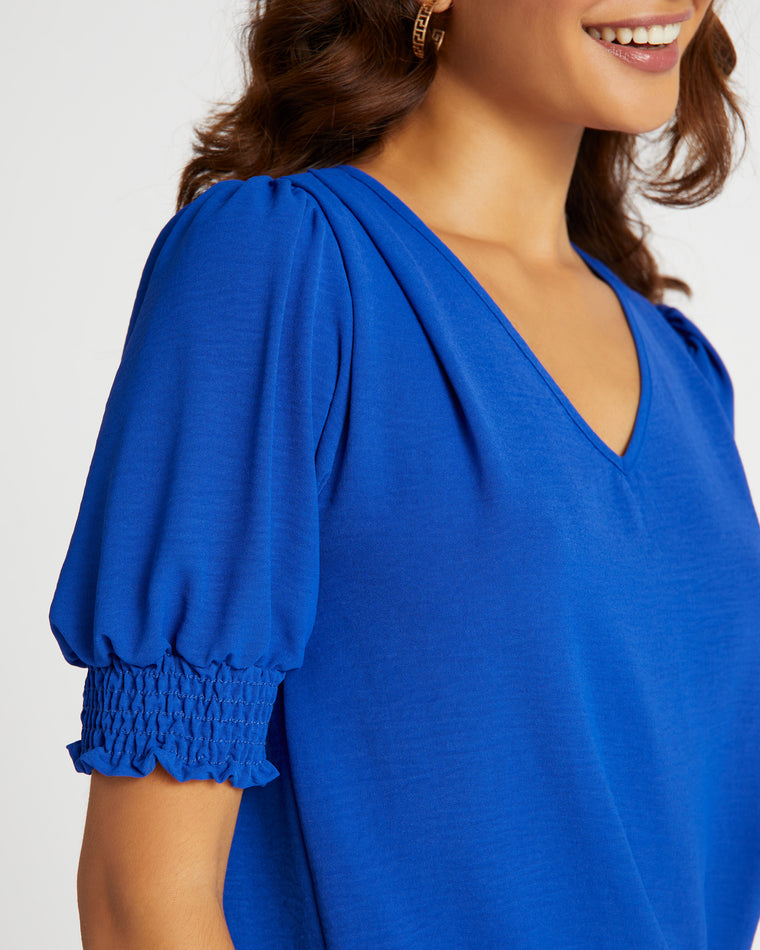 Royal $|& W. by Wantable Short Smocked Sleeve V-Neck Smocked Bottom Top - SOF Detail