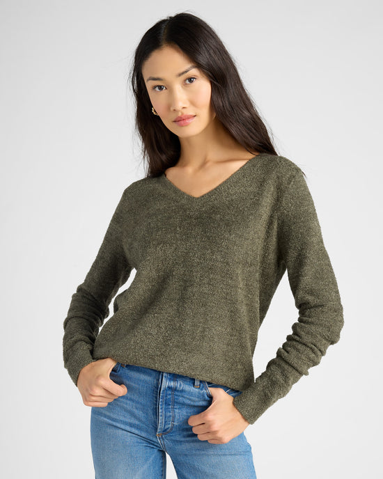 Olive $|& Search For Sanity Cozy V-Neck Pullover - SOF Front