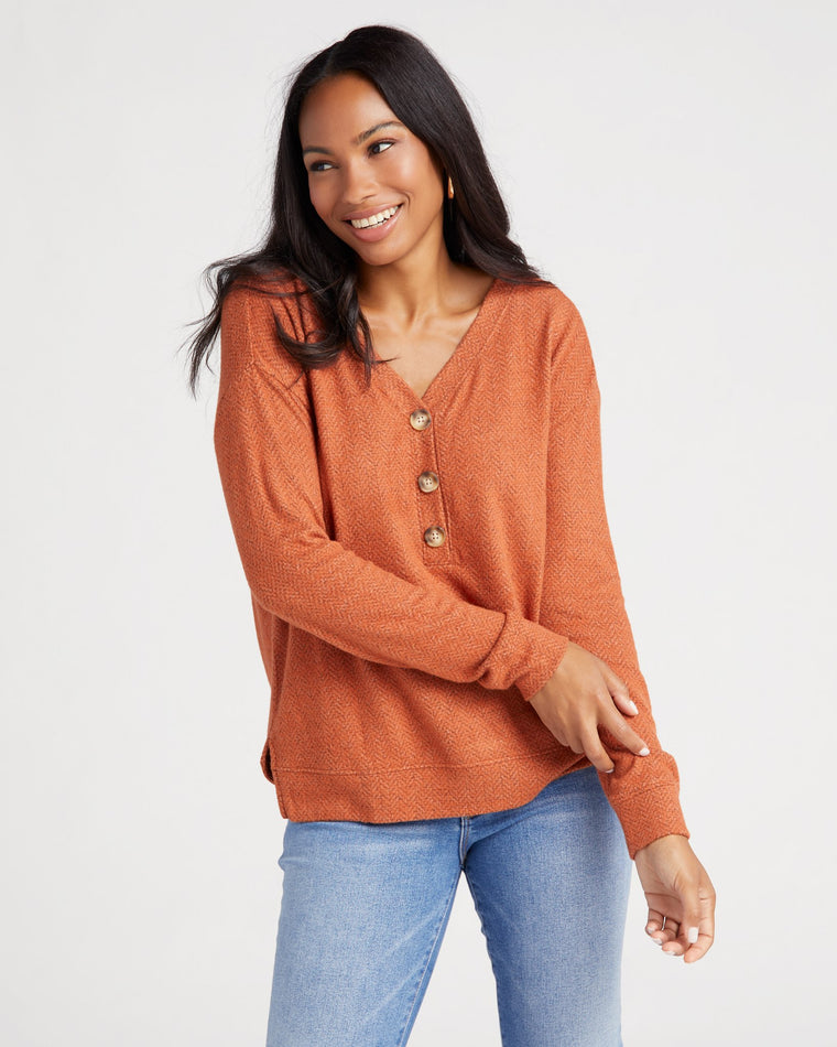 Baked Clay $|& Tribal Long Sleeve Henley Top with Buttons - SOF Front