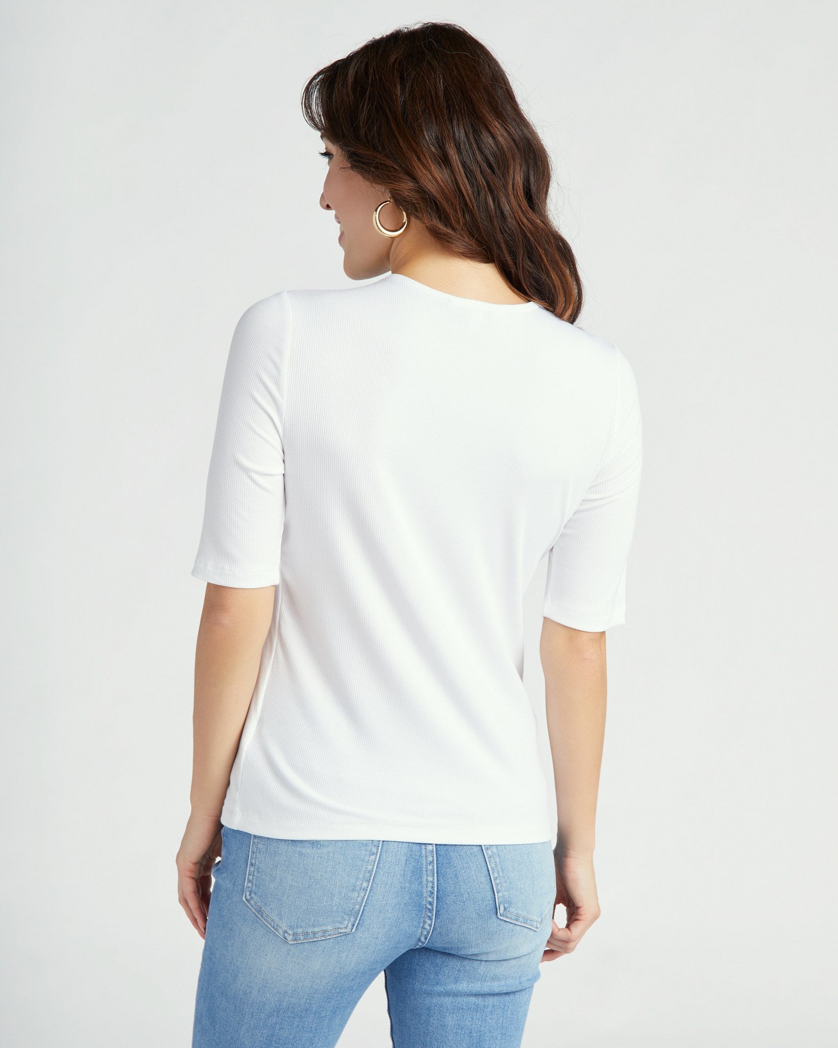 Cream $|& Liverpool Double Layer V-Neck 1/2 Sleeve Ribbed Knit Top - SOF Back