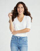 Cream $|& Liverpool Double Layer V-Neck 1/2 Sleeve Ribbed Knit Top - SOF Front