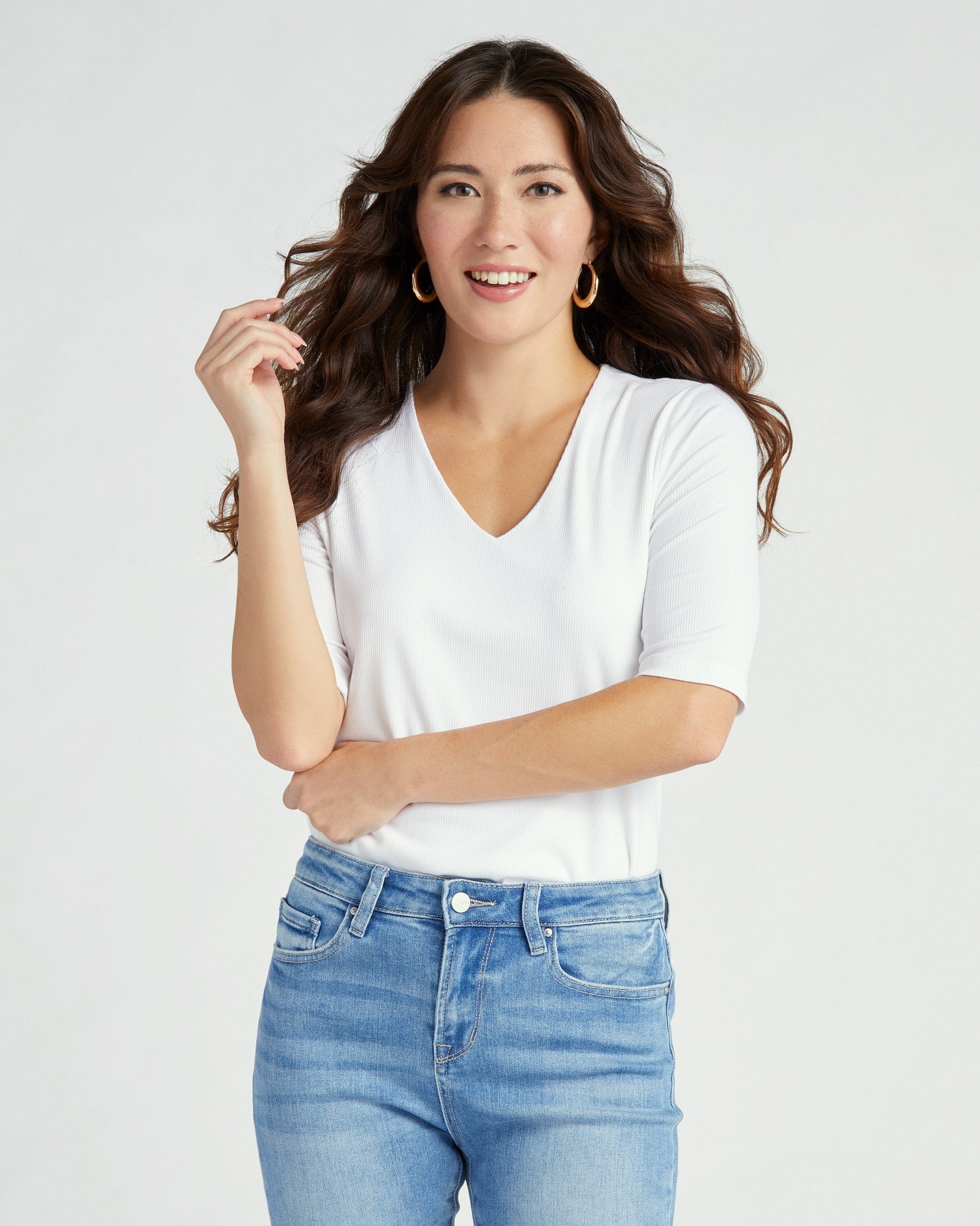 Cream $|& Liverpool Double Layer V-Neck 1/2 Sleeve Ribbed Knit Top - SOF Front