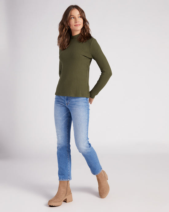 Deep Forest Green $|& Liverpool Long Sleeve Mock Neck Ribbed Knit Top - SOF Full Front