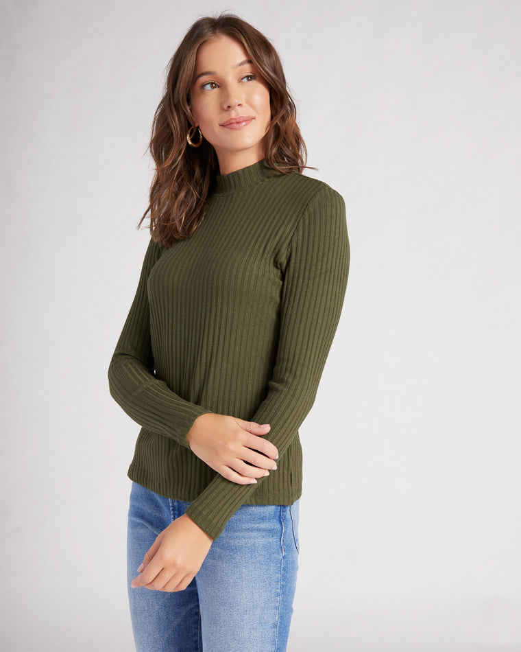 Deep Forest Green $|& Liverpool Long Sleeve Mock Neck Ribbed Knit Top - SOF Front