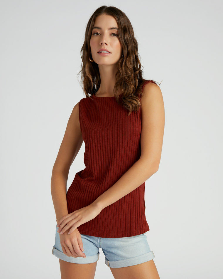 Deep Cinnamon $|& Liverpool Sleeveless Boat Neck Ribbed Knit Top - SOF Front