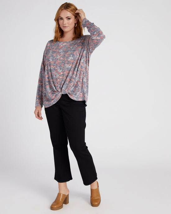 Navy/Picante Vines $|& Bobeau Printed Long Sleeve Twist Front Top - SOF Full Front