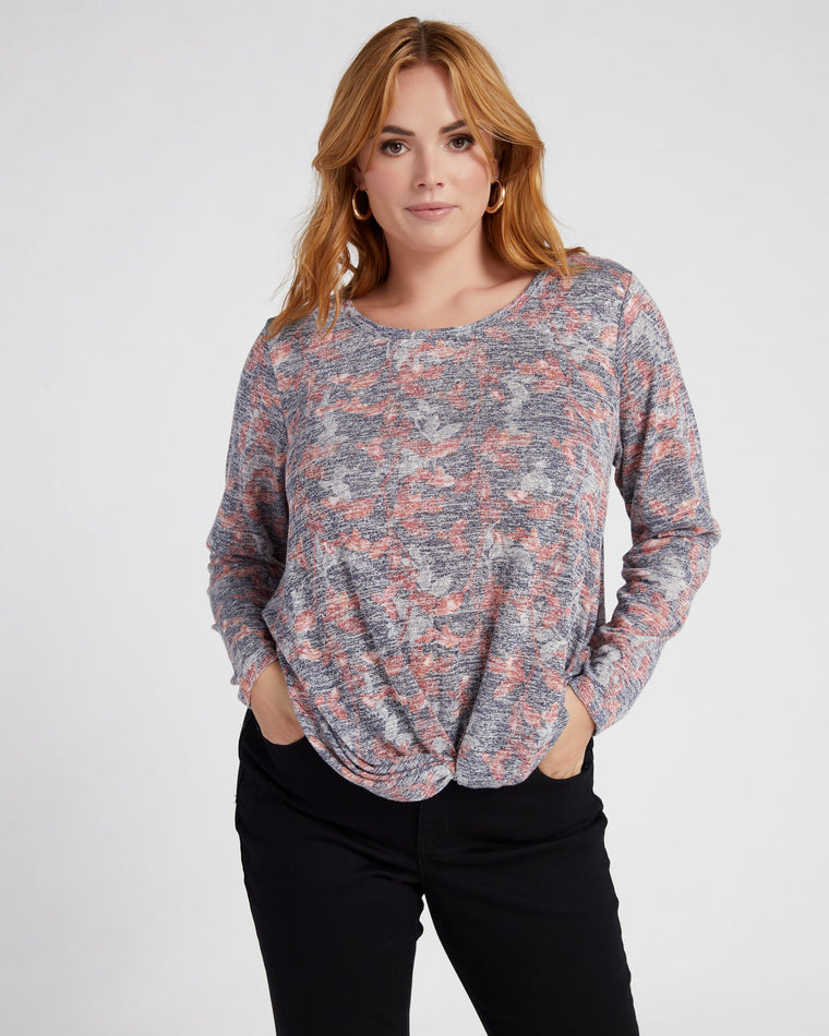 Navy/Picante Vines $|& Bobeau Printed Long Sleeve Twist Front Top - SOF Front