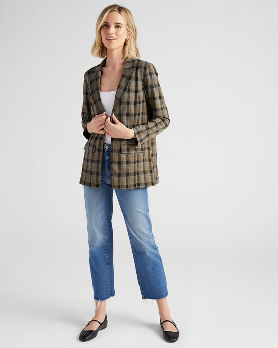 Black/Granola Linear Plaid $|& Liverpool Boyfriend Blazer - SOF Full Front