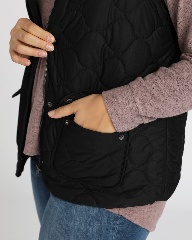 Black $|& Bagatelle Quilted Vest with Pockets - SOF Detail