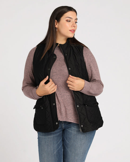 Black $|& Bagatelle Quilted Vest with Pockets - SOF Front