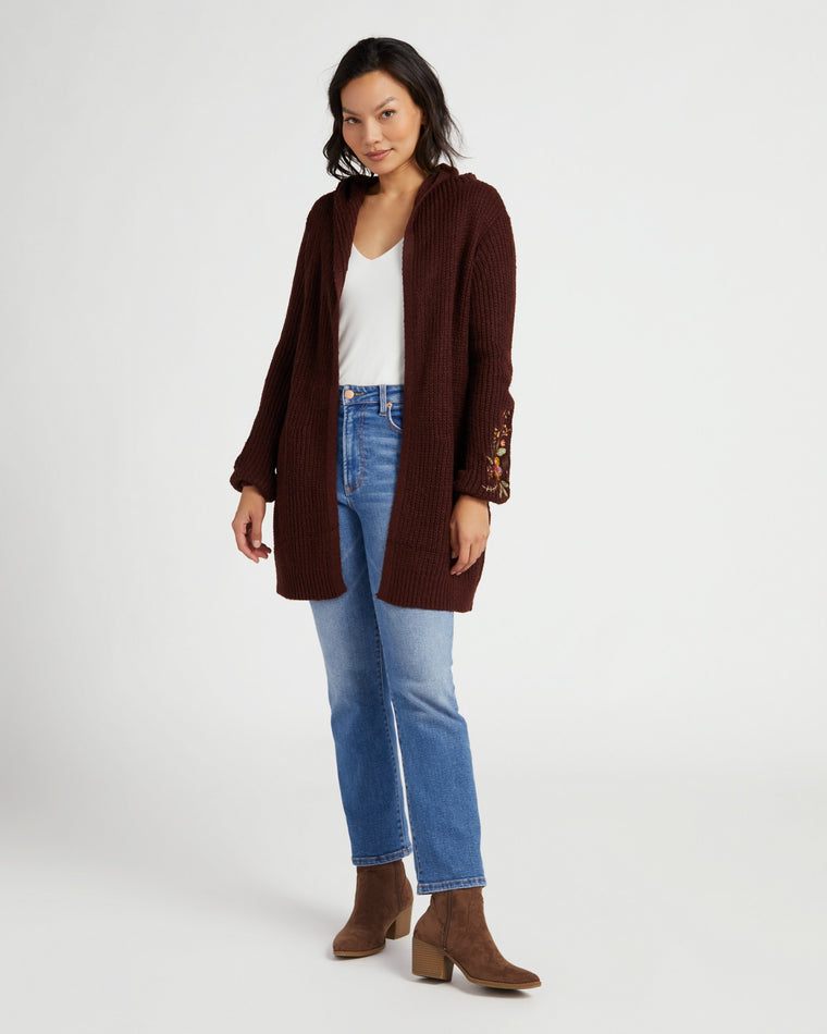 Rum Raisin $|& By Design Parker Embroidered Hoody Cardigan - SOF Front