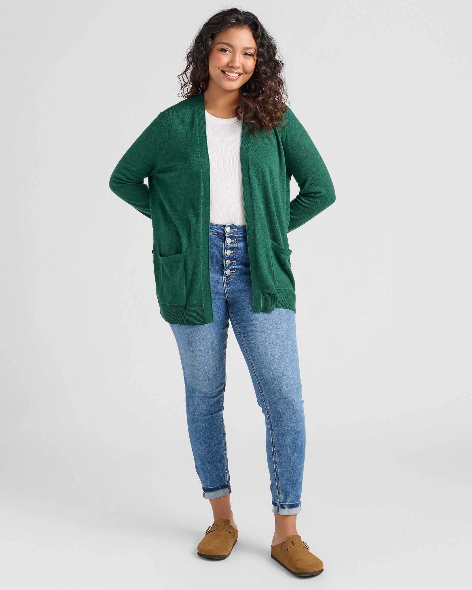 Forest $|& Staccato Open Front Cardigan with Button Detail - SOF Full Front