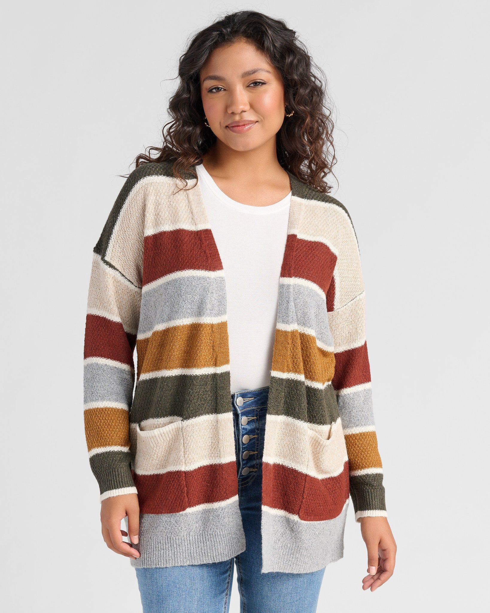 Olive/Oatmeal $|& Staccato Open Front Colorblock Cardigan - SOF Front