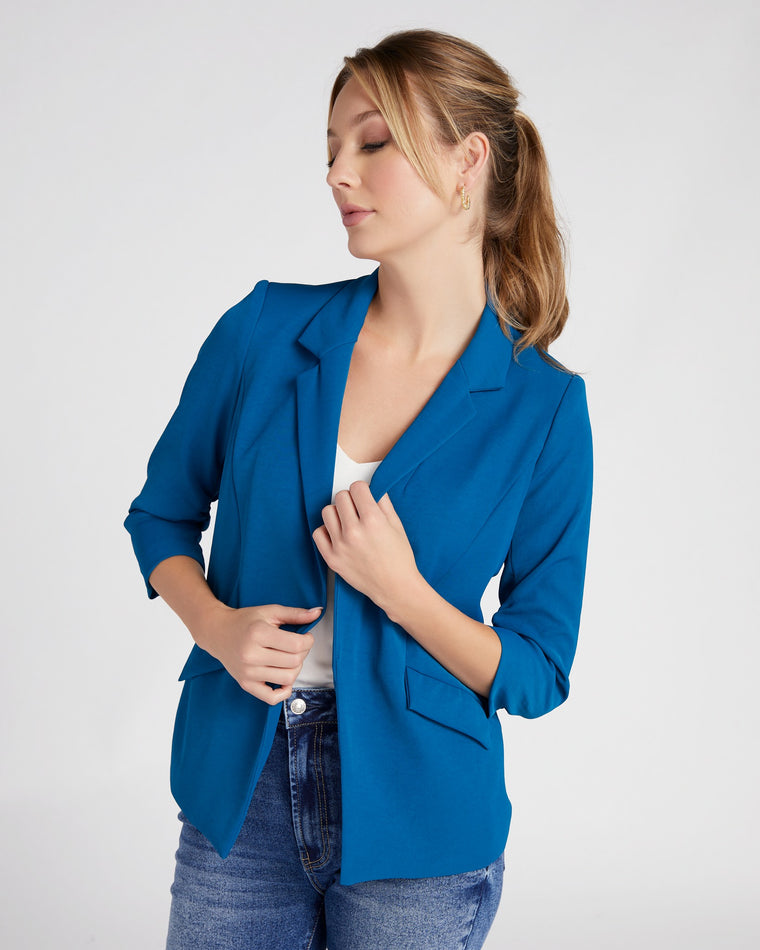 Teal $|& Skies Are Blue Shirred Sleeve Blazer - SOF Front