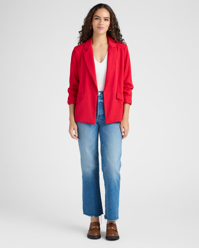 Ruby Red $|& Skies Are Blue Shirred Sleeve Blazer - SOF Full Front