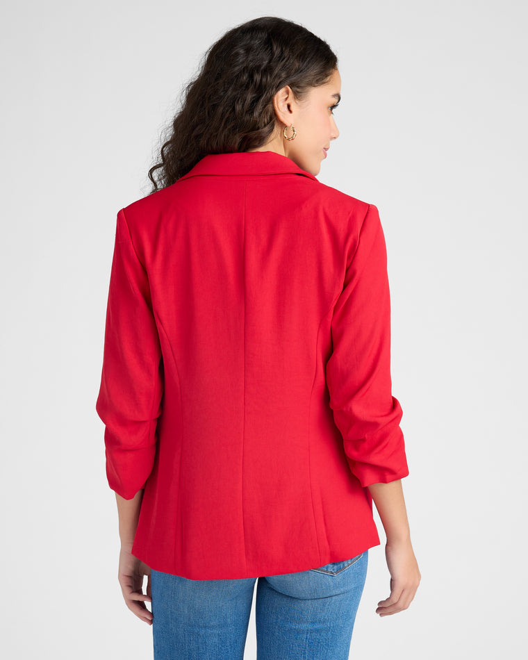 Ruby Red $|& Skies Are Blue Shirred Sleeve Blazer - SOF Back