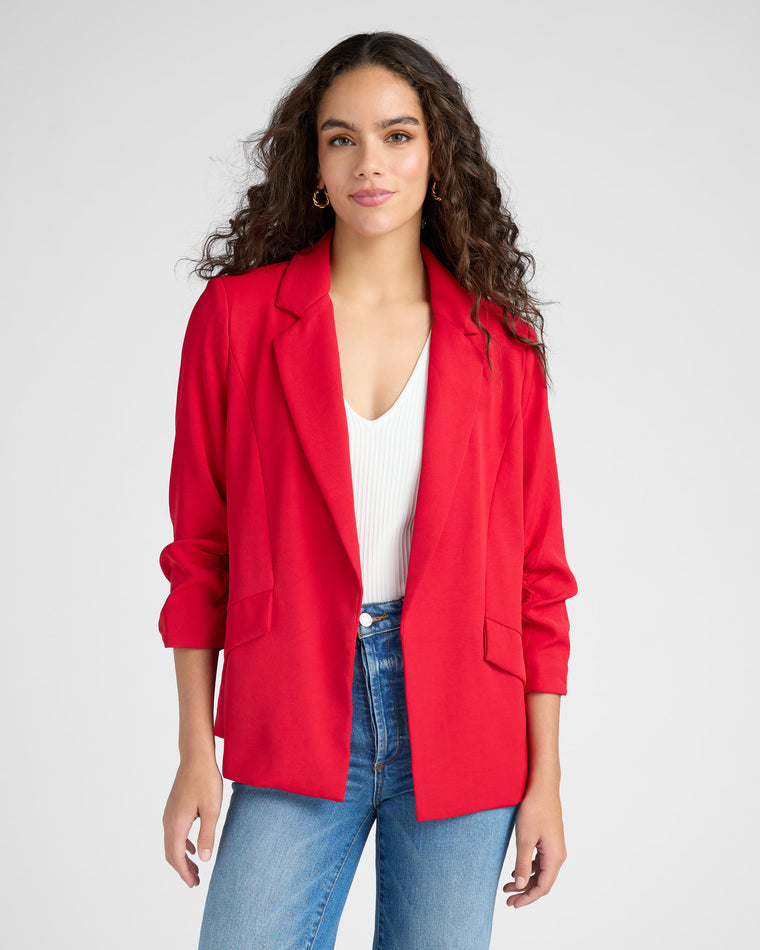 Ruby Red $|& Skies Are Blue Shirred Sleeve Blazer - SOF Front