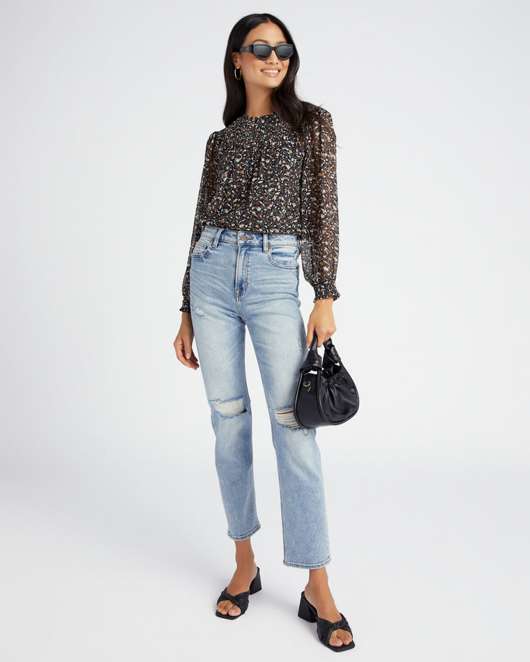 Black Floral $|& Mila Mae Long Puff Sleeve Floral Top - SOF Full Front